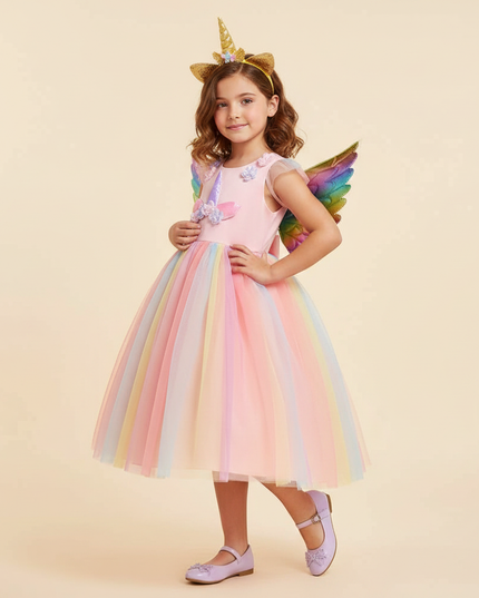 pink unicorn rainbow dress set with wings - front