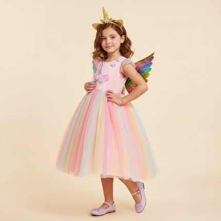 pink unicorn rainbow dress set with wings - front