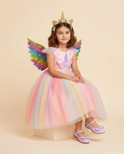pink unicorn rainbow dress set with wings - sitting