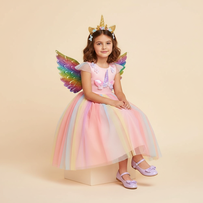 pink unicorn rainbow dress set with wings - sitting