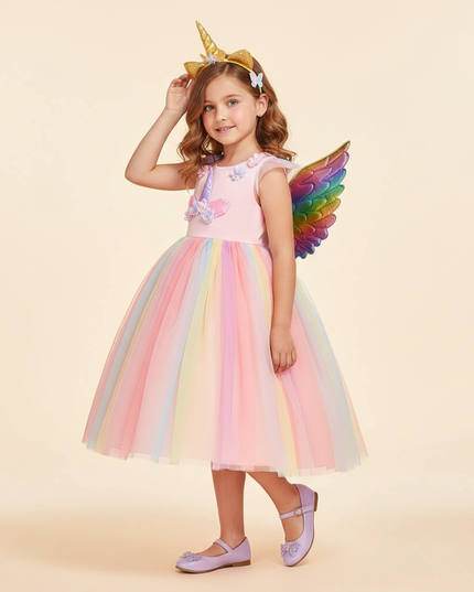 pink unicorn rainbow dress set with wings - three-quarter