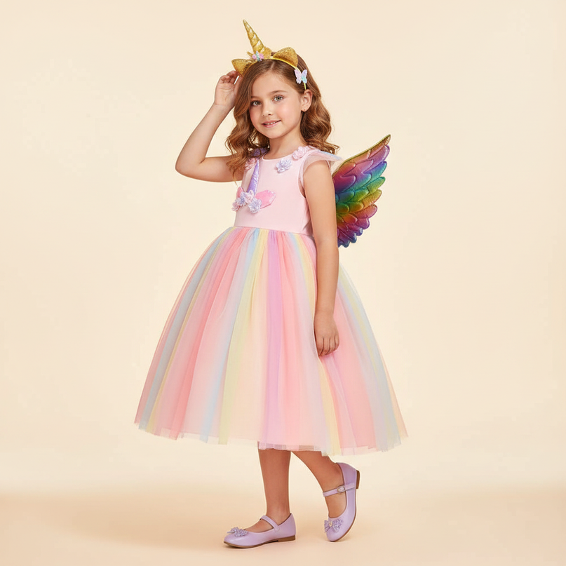 pink unicorn rainbow dress set with wings - three-quarter