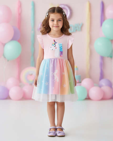pink unicorn rainbow mesh dress - detail