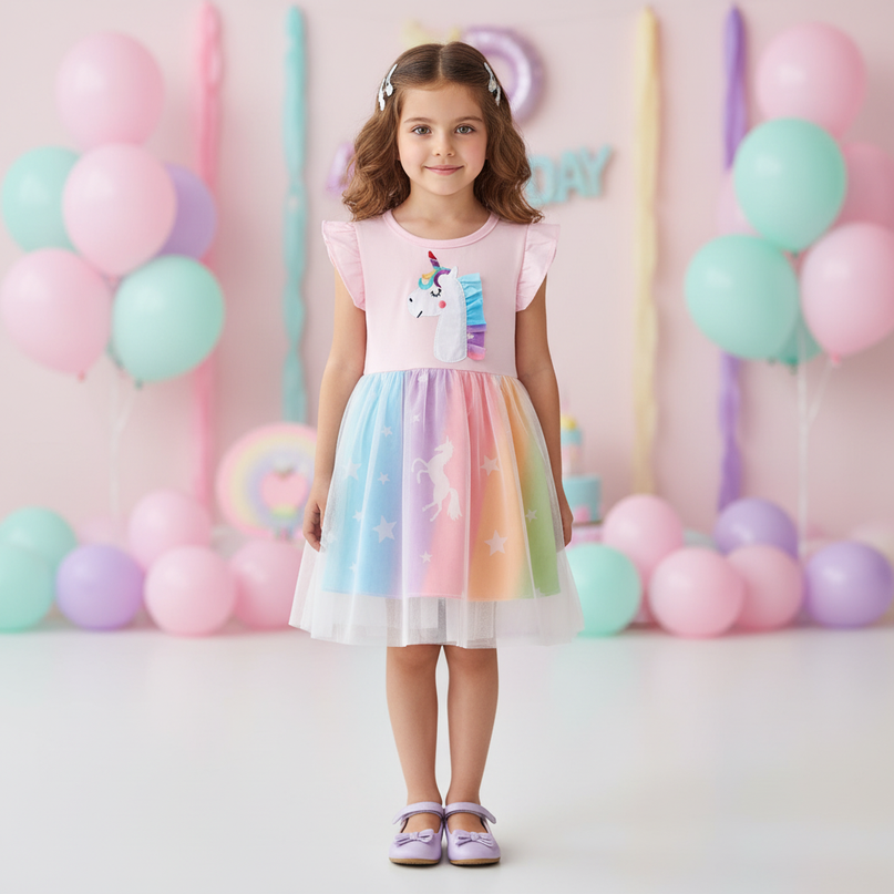 pink unicorn rainbow mesh dress - detail