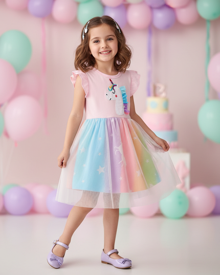 pink unicorn rainbow mesh dress - front