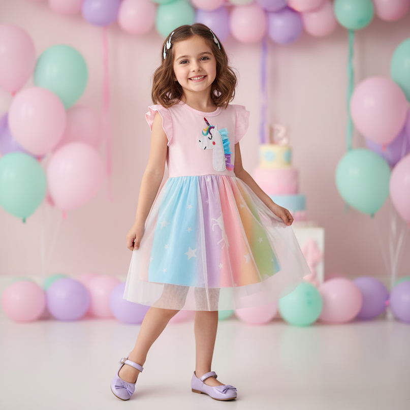 pink unicorn rainbow mesh dress - front