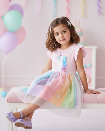 pink unicorn rainbow mesh dress - sitting