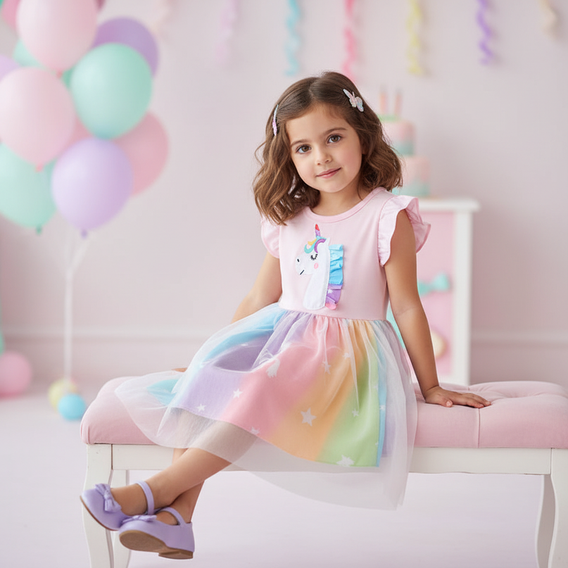 pink unicorn rainbow mesh dress - sitting