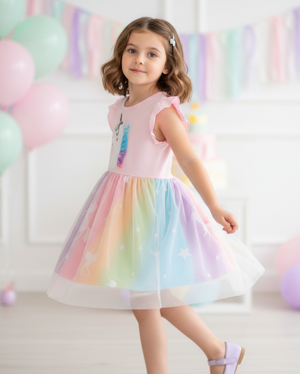 pink unicorn rainbow mesh dress - three-quarter