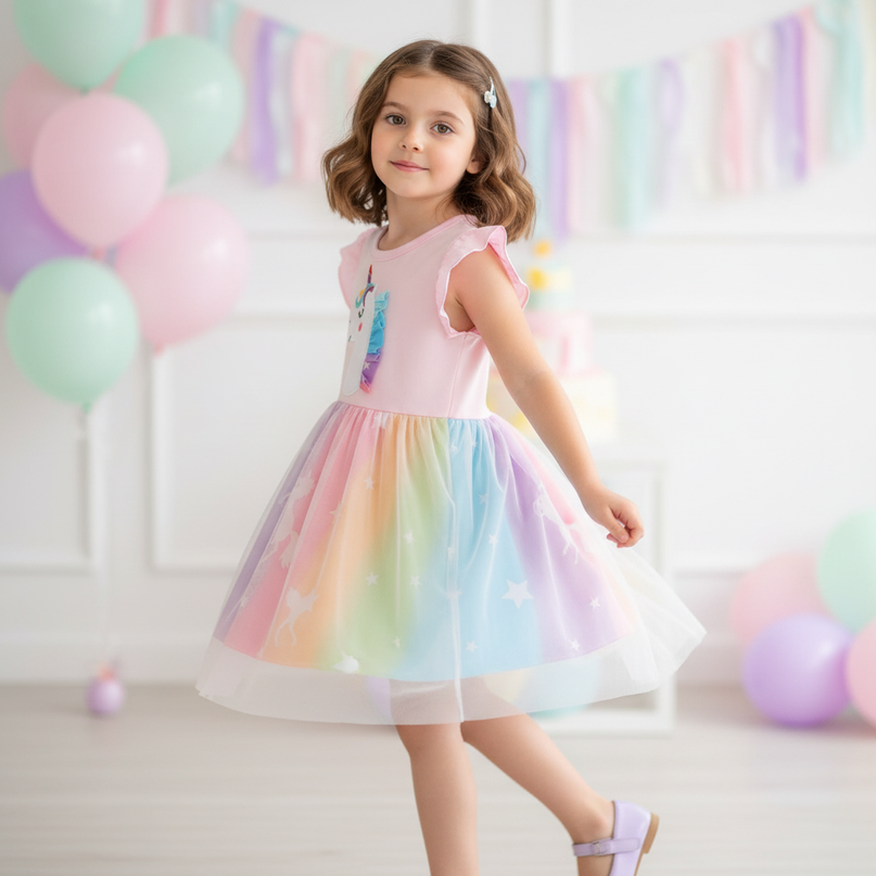 pink unicorn rainbow mesh dress - three-quarter
