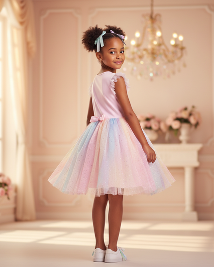 pink unicorn rainbow sparkle tulle dress - back