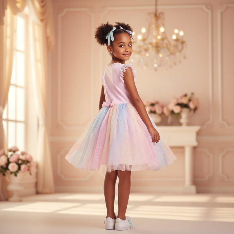 pink unicorn rainbow sparkle tulle dress - back