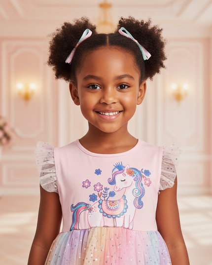 pink unicorn rainbow sparkle tulle dress - detail