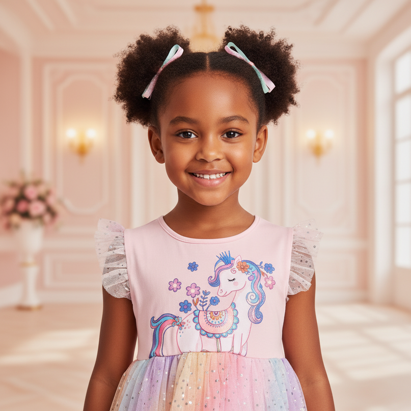 pink unicorn rainbow sparkle tulle dress - detail
