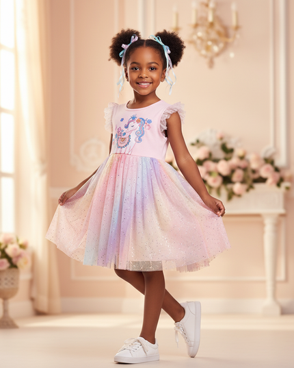 pink unicorn rainbow sparkle tulle dress - front