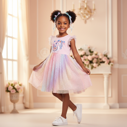 pink unicorn rainbow sparkle tulle dress - front