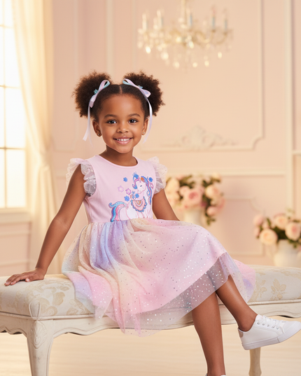 pink unicorn rainbow sparkle tulle dress - sitting