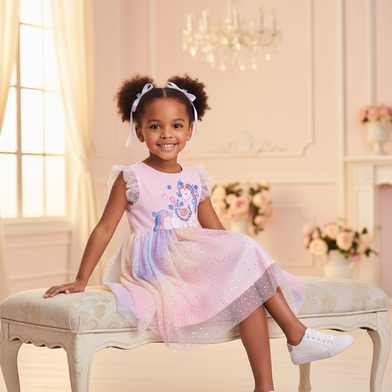 pink unicorn rainbow sparkle tulle dress - sitting