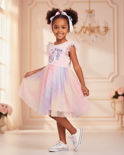 pink unicorn rainbow sparkle tulle dress - three-quarter