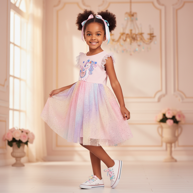 pink unicorn rainbow sparkle tulle dress - three-quarter