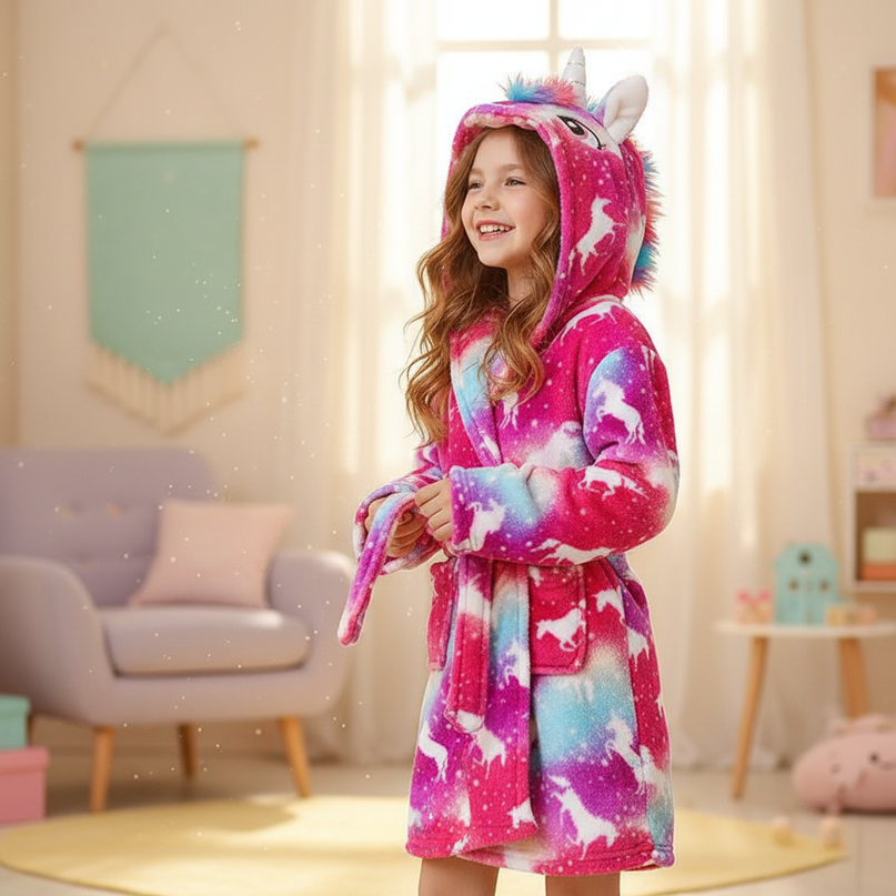 pink unicorn robe - in-use