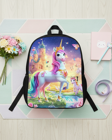 pink unicorn school backpack - flat-lay