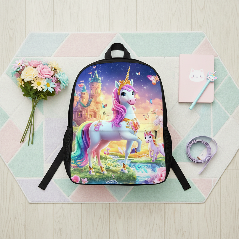 pink unicorn school backpack - flat-lay