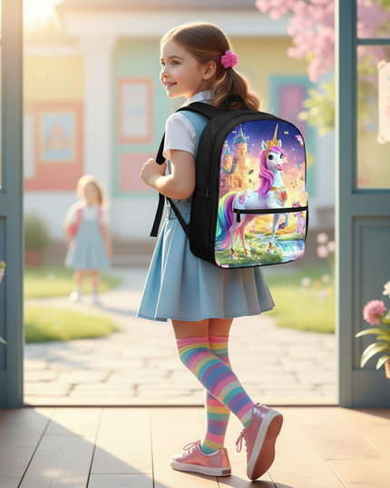 pink unicorn school backpack - in-use