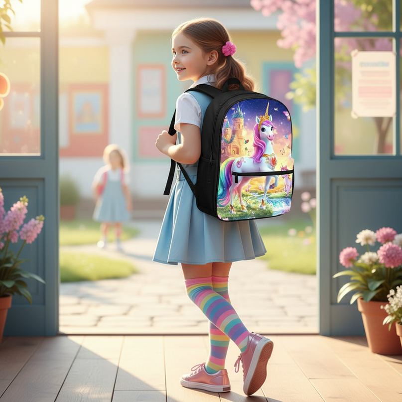 pink unicorn school backpack - in-use
