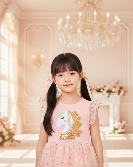 pink unicorn sequin party dress - detail