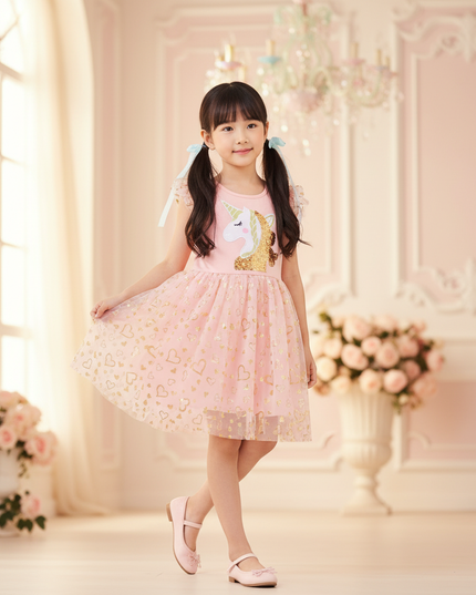 pink unicorn sequin party dress - front