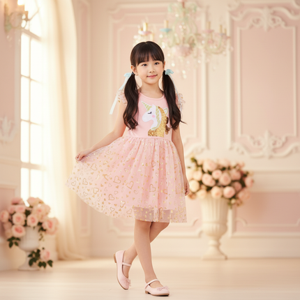 pink unicorn sequin party dress - front