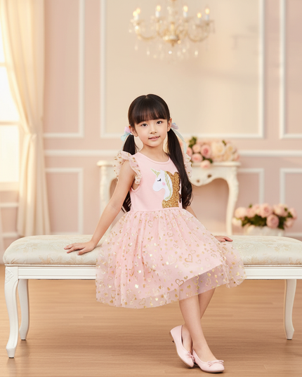 pink unicorn sequin party dress - sitting