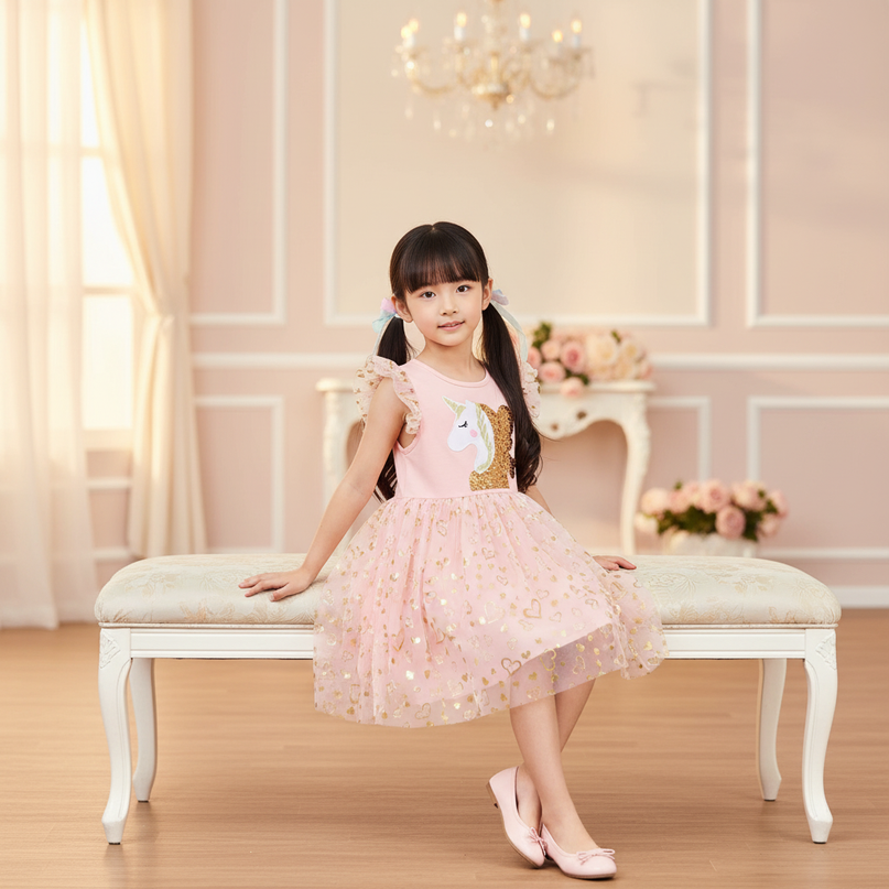 pink unicorn sequin party dress - sitting