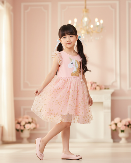pink unicorn sequin party dress - three-quarter