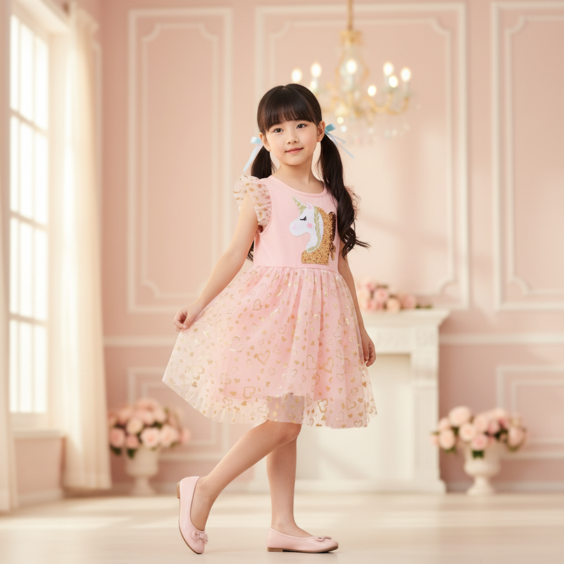 pink unicorn sequin party dress - three-quarter