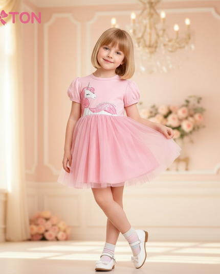 pink unicorn sequin tulle dress - front