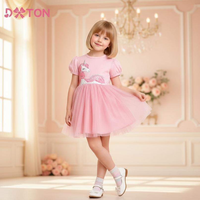 pink unicorn sequin tulle dress - front