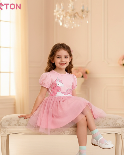 pink unicorn sequin tulle dress - sitting
