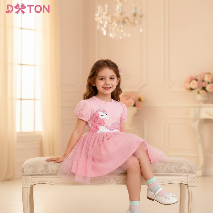 pink unicorn sequin tulle dress - sitting