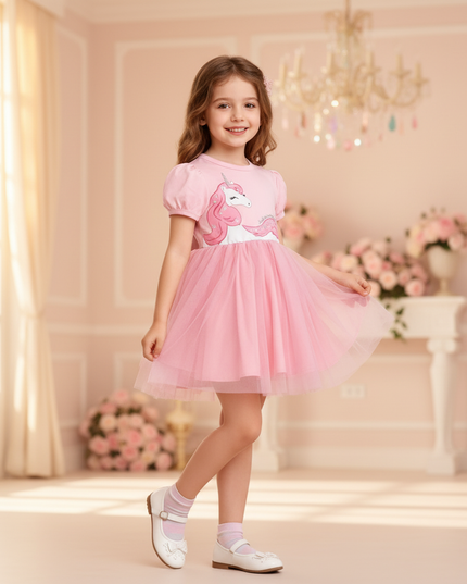 pink unicorn sequin tulle dress - three-quarter