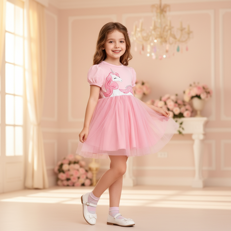 pink unicorn sequin tulle dress - three-quarter
