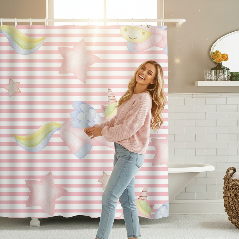 pink unicorn shower curtain - in-use