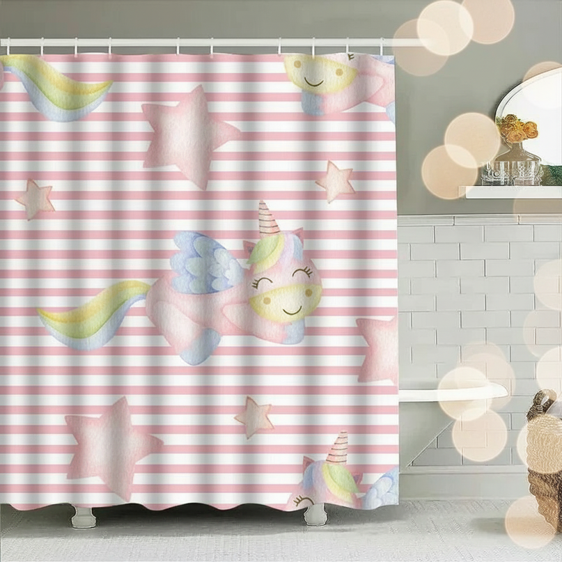pink unicorn shower curtain - lifestyle
