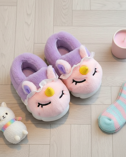 pink unicorn slippers - flat-lay