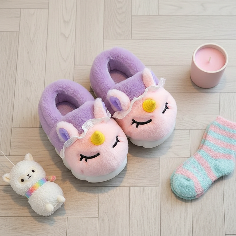 pink unicorn slippers - flat-lay