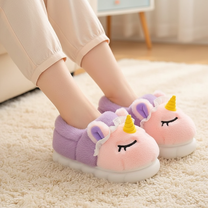 pink unicorn slippers - in-use