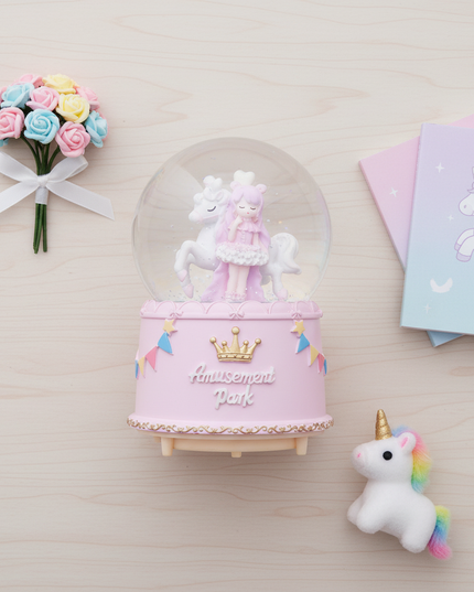 pink unicorn snow globe - flat-lay