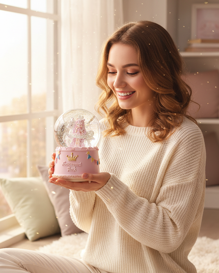 pink unicorn snow globe - in-use