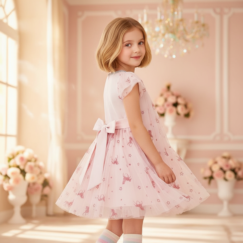 pink unicorn sparkle flutter sleeve dress - back